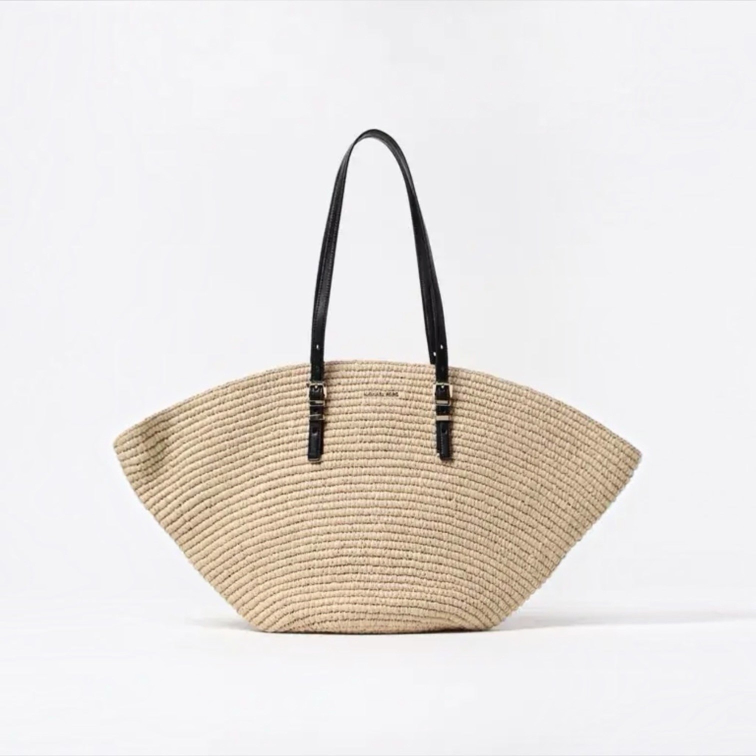 Michael Kors Isa Large Woven Straw Fan Tote Shoulder Bag With Leather Straps Nwt